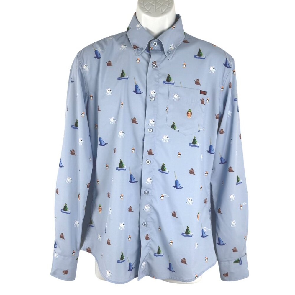 RSVLTS Elf Button Down Shirt Mens Slim Medium Blue‎ Printed Stretch TP-3667